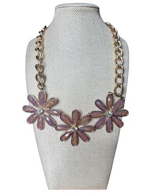 Gold Chain Pink Flower Statement Necklace